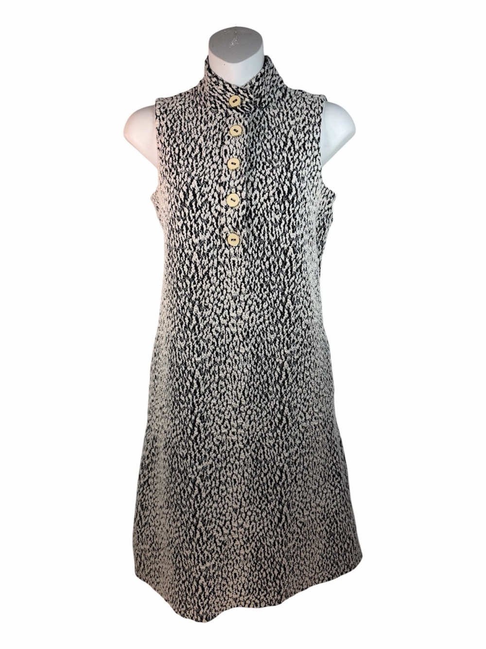 Cheetah Mini Dress J.McLaughlin Jacquard Mock Neck Gold Buttons S Pockets Preppy